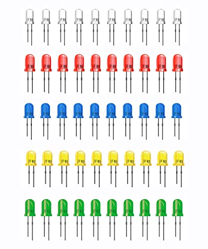 EHOP 5mm LED Diodes, Round Head DIY Electronic Component, Low Voltage Diffused Diode for DIY PCB Circuit, Indicator Lights, Science Project Experiment (Pack of 50, 5 Different Color - Multicolor)
